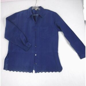 Kelly Scott Women's Blue  Velvety Button Down Blouse/ Jacket Cutout Trim‎ Sz M